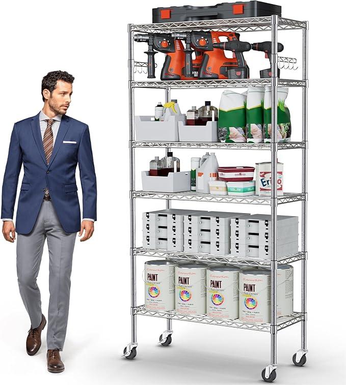YNN Storage Shelves,6000Lbs 6 Tier Heavy Duty Metal Rolling Shelving Unit with Wheels & 8 Hooks, Adjustable Garage Wire Rack for Kitchen, Bathroom,Industrial,Pantry(36" W x 14" D x 72" H, Chrome) - ModernBath