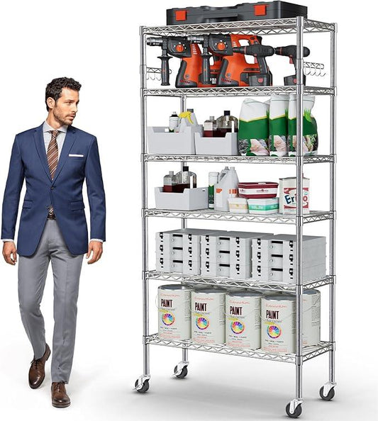 YNN Storage Shelves,6000Lbs 6 Tier Heavy Duty Metal Rolling Shelving Unit with Wheels & 8 Hooks, Adjustable Garage Wire Rack for Kitchen, Bathroom,Industrial,Pantry(36" W x 14" D x 72" H, Chrome) - ModernBath