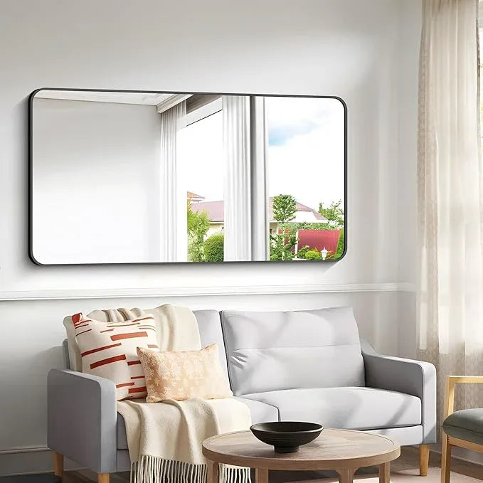BONEWEI 30x60 inch Bathroom Mirror,Black Rectangle Mirror,Wall Mounted Bathroom Frame Vanity Mirror with Round Corner for Bedroom Living Room, Entryway Hangs Horizontal or Vertical - ModernBath