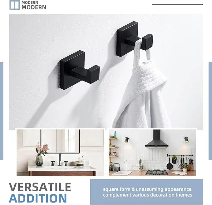 Angle Simple Matte Black Towel Hooks for Bathroom, SUS 304 Stainless Steel Square Wall Coat Hooks, 2 Pack - ModernBath