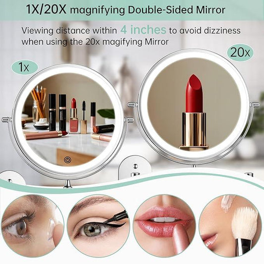 FUNTOUCH 2500mAh Rechargeable Wall Mounted Lighted Makeup Vanity Mirror 8 Inch Double Sided 1X 20X Magnifying Bathroom Mirror, 3 Color Lighting, Touch Dimming, Extended Arm 360° Light up Mirror - ModernBath