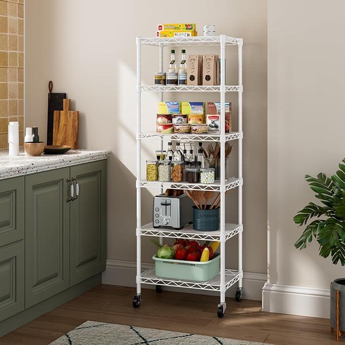 Small 6 Tier Shelf Storage Wire Shelving Unit Metal Shelves Adjustable Organizers Storage Shelving with Wheels for Bathroom Laundry Room Kitchen Pantry12”D x 18”W x 61.6”H White - ModernBath