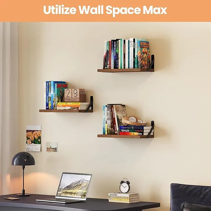 upsimples Floating Book Shelves for Wall, 15.7 Inches Wood Shelves for Living Room, Bathroom, Bedroom, Kitchen Storage and Decoration, Brown - ModernBath