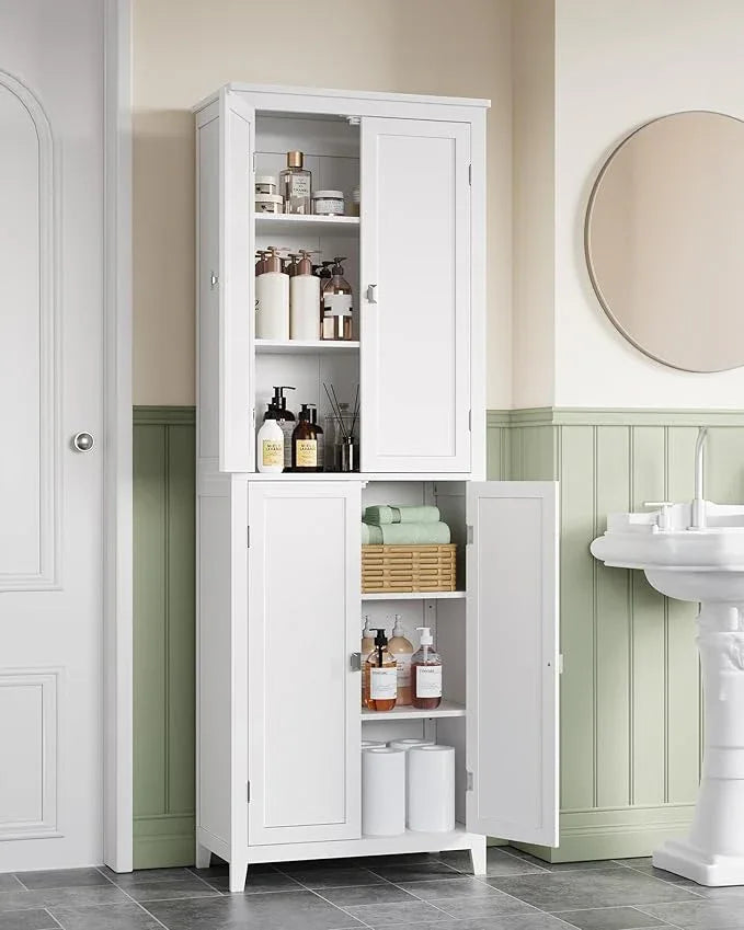 VASAGLE Floor Storage Cabinet, Freestanding Storage Unit with 4 Doors, Adjustable Shelves, 11.8 x 23.6 x 66.9 Inches, for Entryway, Bathroom, Cloud White UBBC550W01 - ModernBath