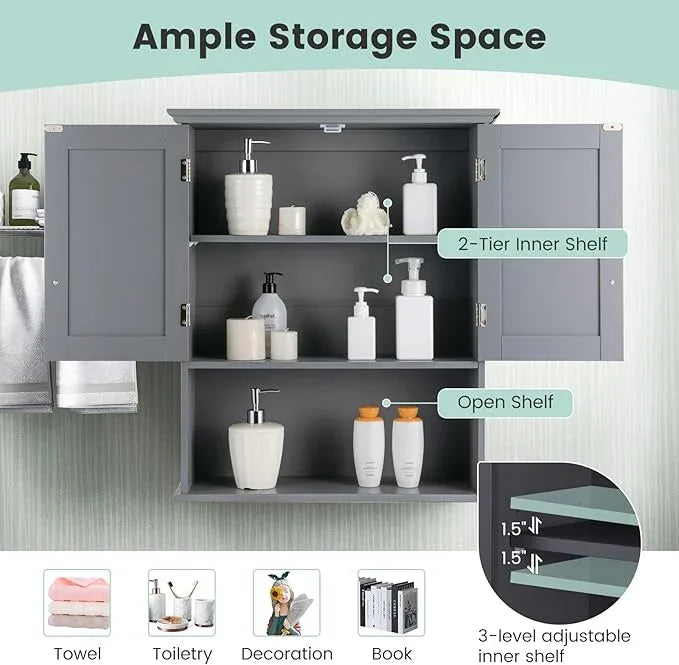 Giantex Medicine Cabinets, Wall Mounted Bathroom Cabinet with Adjustable Shelf, 2-Door, Bathroom Storage Cabinet Over The Toilet, Living Room, Kitchen, Laundry Room, Cupboard (Gray) - ModernBath
