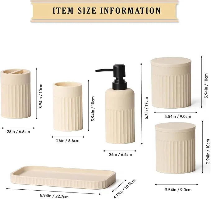 INIUNIK Bathroom Accessory Set - 6 Pieces Bathroom Accessories Set Complete with Soap Dispenser, Toothbrush Holders, Tumbler, Vanity Tray and 2 Qtip Holder for Home Organizer and Decor, Beige - ModernBath