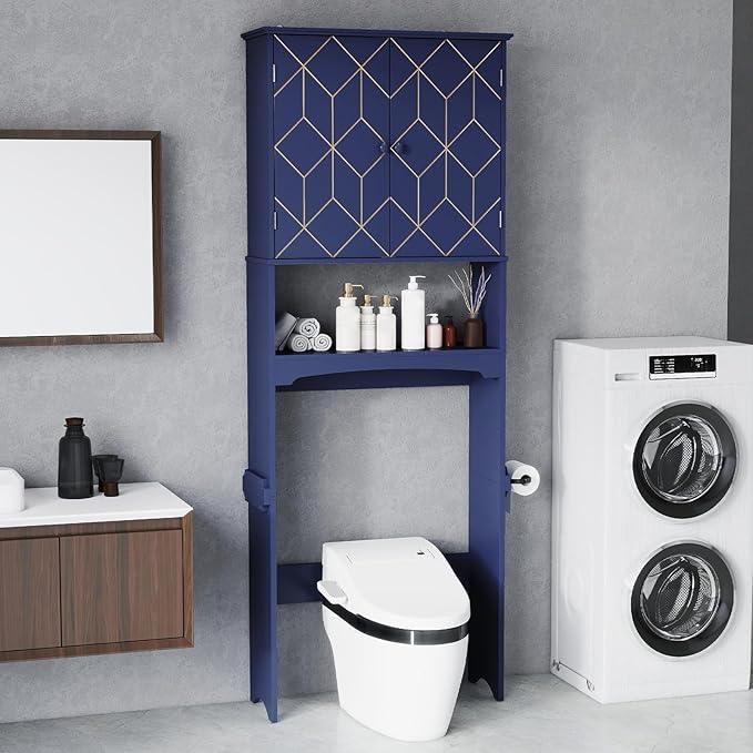 HLR Over The Toilet Storage Cabinet with Gold Trim, Over Toilet Bathroom Organizer with Adjustable Shelves and Toilet Paper Holder, Above Toilet Storage Cabinet Spacesaver for Bathroom (Blue) - ModernBath