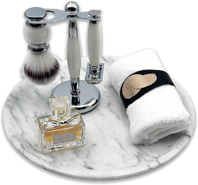 Marmor Natural Marble Bathroom Tray for Perfume & Jewelry, Vanity Decorative Catchall Tray for Countertop, Stone Organizer Dish for Candles, Makeup, Essentials(Statuario White Round Plate) - ModernBath