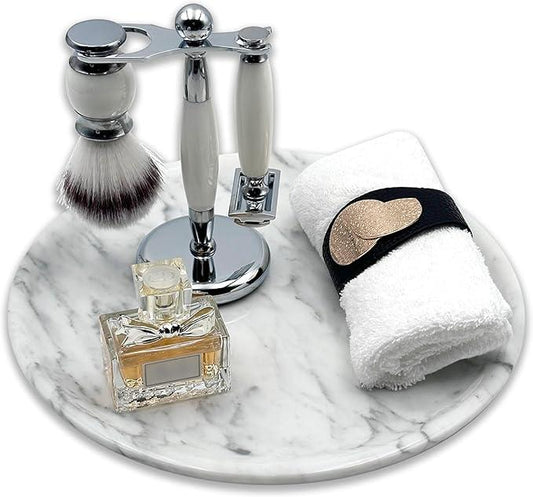Marmor Natural Marble Bathroom Tray for Perfume & Jewelry, Vanity Decorative Catchall Tray for Countertop, Stone Organizer Dish for Candles, Makeup, Essentials(Statuario White Round Plate) - ModernBath