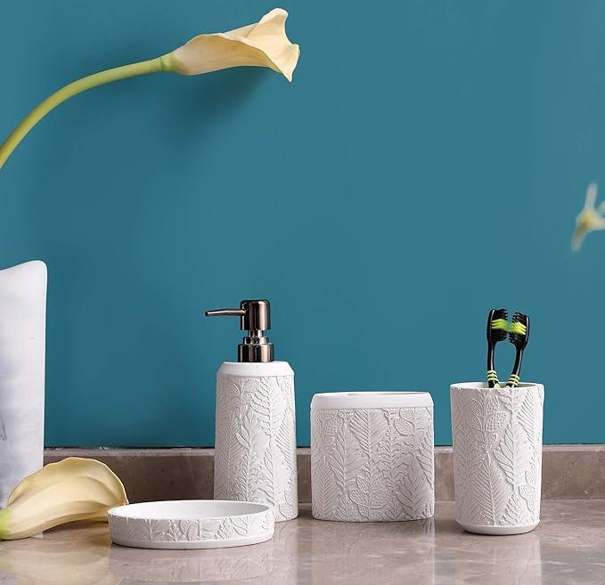 Hymmah Bathroom Accessories Set,Toothbrush Holder,Farmhouse Decor,4 Pcs Resin Gift Apartment Necessities, Contain Toothbrush Cup,Soap Dispenser & Dish,Tumbler - ModernBath