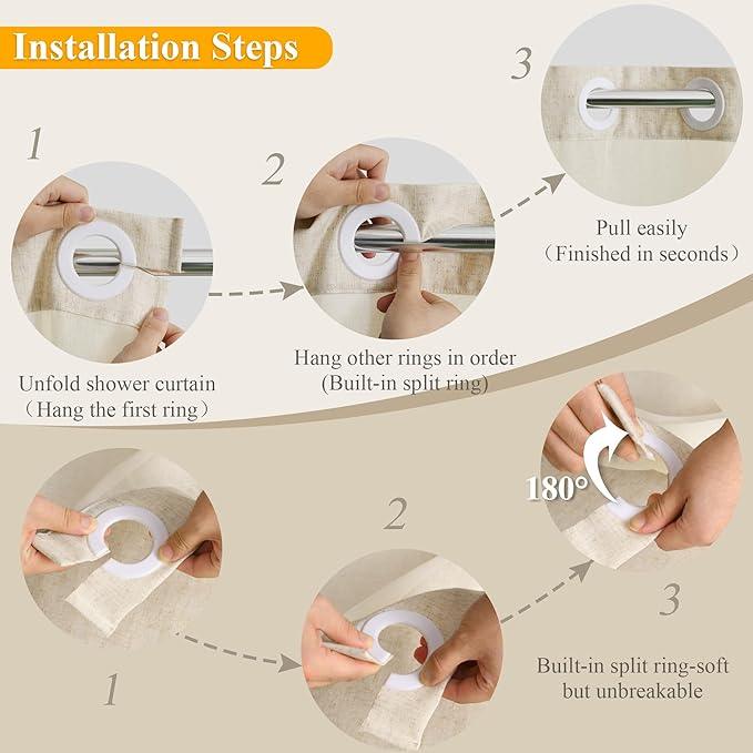 Jowels No Hooks Needed Linen Shower Curtain and Liner Set,Beige Hotel Luxury Decor Shower Curtains for Bathroom with See Through Top Window,Water Resistant Fabric,72Wx84L,Cream - ModernBath
