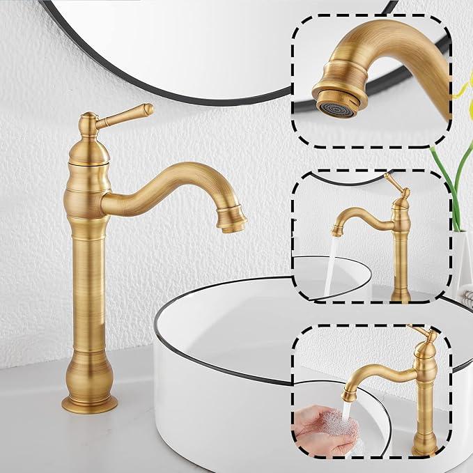 GGStudy 360° Swivel Antique Brass Bathroom Vessel Sink Faucet Single Handle One Hole Matching with Pop Up Drain - ModernBath