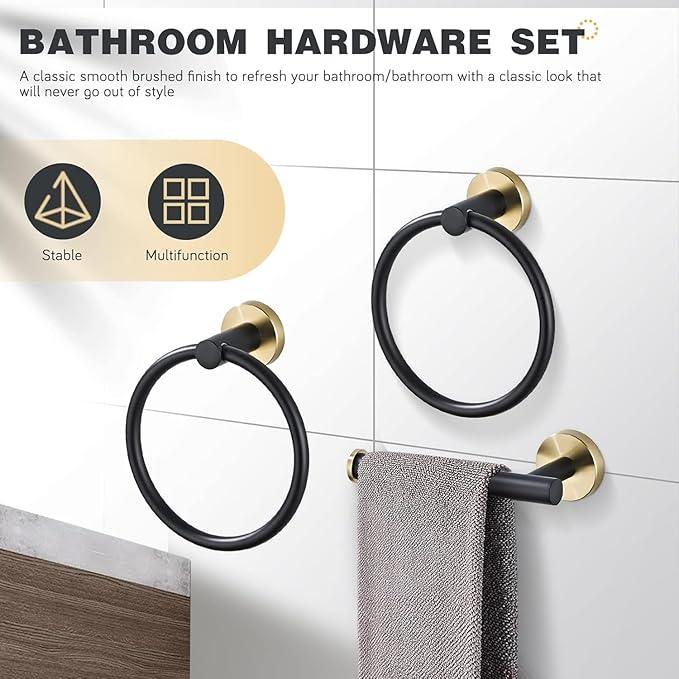 Bathroom Hardware Set 3 Piece Black&Gold Wall Mounted Stainless Steel Hardware Towel Bar Set Gold Bathroom Accessories Towel Rack Set Kit Includes 2 Hand Towel Ring, Toilet Paper Holder - ModernBath