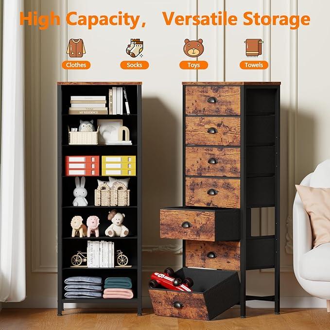 Furnulem Bedroom Dresser with 7 Drawers,Tall Industrial Fabric Chest of Drawers, Vertical Storage Tower Bedside Furniture in Living Room,Closet,Entryway-Sturdy Steel Frame(Rustic Brown) - ModernBath
