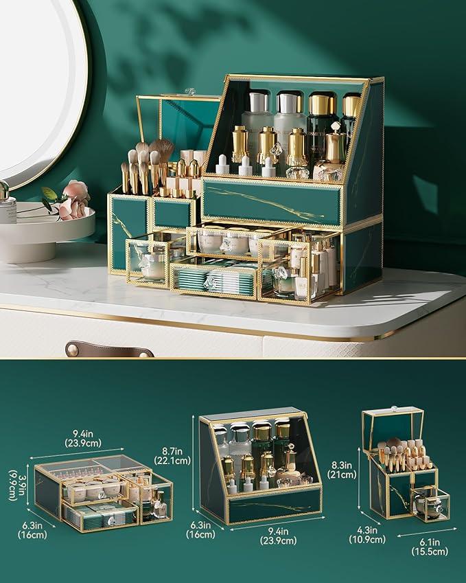 CoralHouse Makeup Organizer Green– Large Vanity Organizer for Skincare, Lipsticks, Perfume & Brushes – Countertop Cosmetic Storage Box for Women, Bathroom or Dresser. - ModernBath