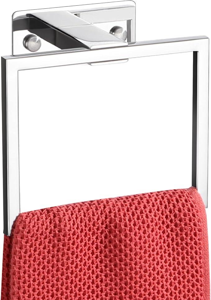 LANC Hand Towel Rings for Bathroom Wall Mount Chrome Polished Square Self Adhesive Hand Towel Holder for Lavatory Bathroom Hardware Accessories Stainless Steel Modern Shower Towel Racks, A8396CP - ModernBath