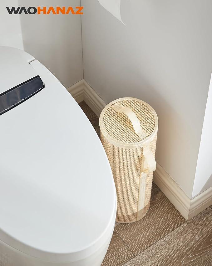 Bamboo Toilet Paper Storage Basket with Lid & Handle - 10L Handwoven Bathroom Organizer for 4 Rolls - Sturdy Stand Holder for Toilet Paper Organization, Light Natural - ModernBath