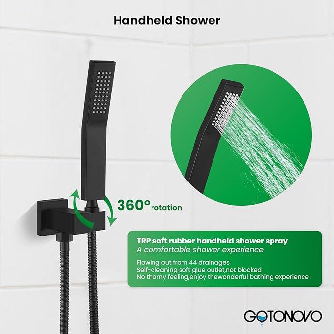 gotonovo Rainfall Bathroom Shower System Rain Shower Head and Handle Set Wall Mounted Shower Complete Combo Solid Brass Pressure Balancing Shower Mixer Valve 12 Inch Matte Black - ModernBath