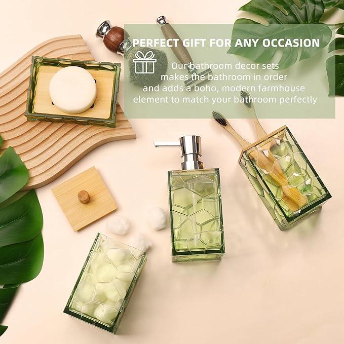 GAHEFY Sage Green Bathroom Accessories Set, Toothbrush Holder, Soap Dispenser, Cotton Swabs Holder, Soap Dish, Toilet Brush with Holder, Boho Bamboo Bathroom Decor,Acrylic (Green) - ModernBath