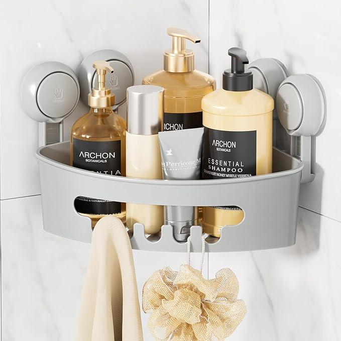 LEVERLOC Corner Shower Caddy Suction Cup, Shower Caddy Basket Powerful Suction Bathroom, Waterproof & Rustproof Organizer for Bathroom Storage, No-Drilling Removable (Grey) - ModernBath