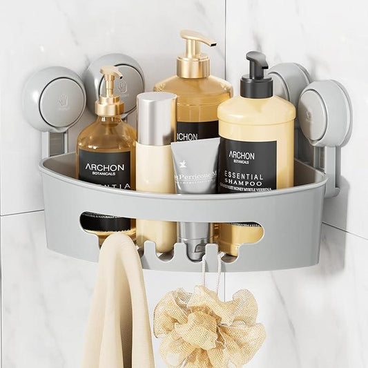 LEVERLOC Corner Shower Caddy Suction Cup, Shower Caddy Basket Powerful Suction Bathroom, Waterproof & Rustproof Organizer for Bathroom Storage, No-Drilling Removable (Grey) - ModernBath