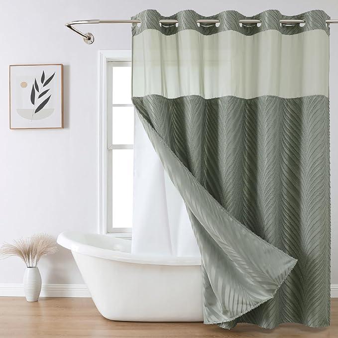 eachope no Hook Shower Curtain and Liner Set，Boho Style with See Through Top Window, SageGreen Fabric Tufted Striped Textured Outer Curtain & Waterproof Inner Liner, SageGreen, 71Wx77H - ModernBath