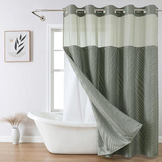eachope no Hook Shower Curtain and Liner Set，Boho Style with See Through Top Window, SageGreen Fabric Tufted Striped Textured Outer Curtain & Waterproof Inner Liner, SageGreen, 71Wx86H - ModernBath