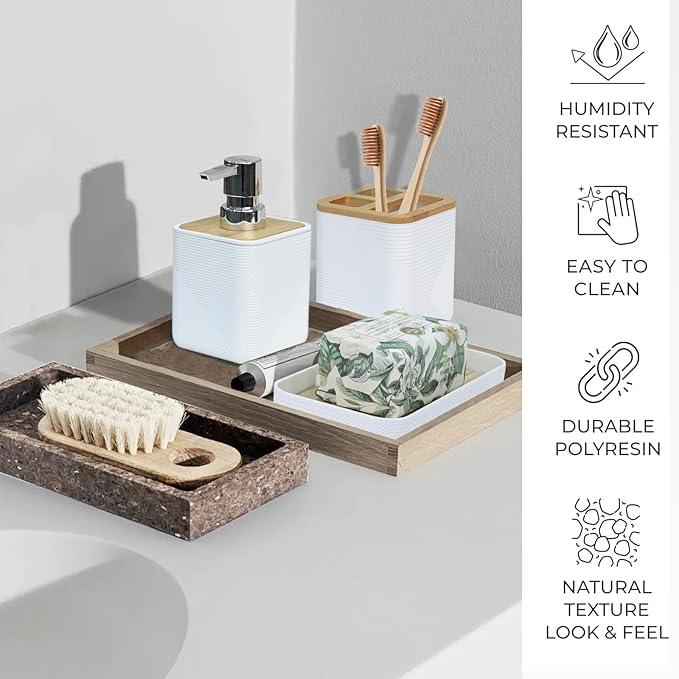 CERBIOR Bathroom Accessories Set 6 Piece Bamboo Bath Ensemble Includes Soap Dispenser, Toothbrush Holder, Toothbrush Cup, Soap Dish for Decorative Countertop and Housewarming Gift (White) - ModernBath