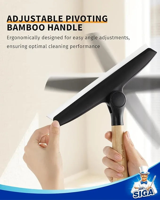MR.SIGA All Purpose Silicone Squeegee for Shower Door, Mirror, Glass, Streak Free Shower Squeegee, Pivoting Bamboo Handle, Includes 1 Suction Hook, 10 inch Wide, Black, 1 Pack - ModernBath