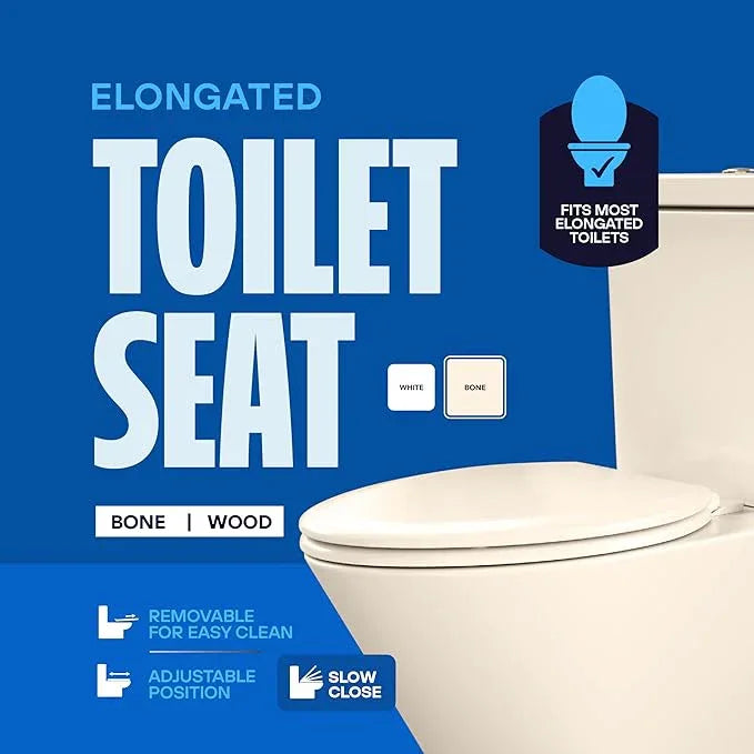 HIGHCRAFT Premium Elongated Toilet Seat with Slow-Close Design, Adjustable Hinges & Quick Removal Mechanism - Wood Toilet Seat - Fits Standard Elongated Toilets - Oval Toilet Seat in Bone/Beige - ModernBath