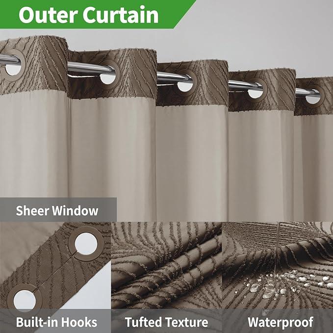 eachope no Hook Shower Curtain and Liner Set，Boho Style with See Through Top Window, Brown Fabric Tufted Striped Textured Outer Curtain & Waterproof Inner Liner, Brown, 71Wx80H - ModernBath