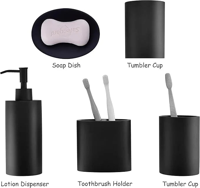 Jincrop Matte Black 5 Piece Bathroom Accessories Set - Resin Countertop Kit with Soap Dispenser, Toothbrush Holder, 2 Tumbler Cups, Soap Dish - ModernBath