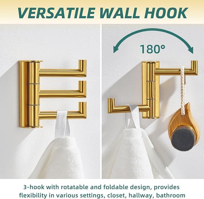 APLusee Swivel Towel Hook, 304 Stainless Steel Foldable Clothes Hook with Multi Three Rotating Arm, Flexible Bathroom Kitchen Storage Hanger Wall Mounted, Brushed Gold - ModernBath
