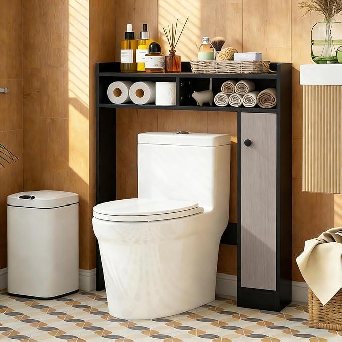 Giantex Over The Toilet Storage Cabinet, Freestanding Bathroom Organizer w/Single Door Cabinet & Open Shelves, Space-Saving Toilet Rack w/Adjustable Shelves for Laundry Room (Black+Oak) - ModernBath