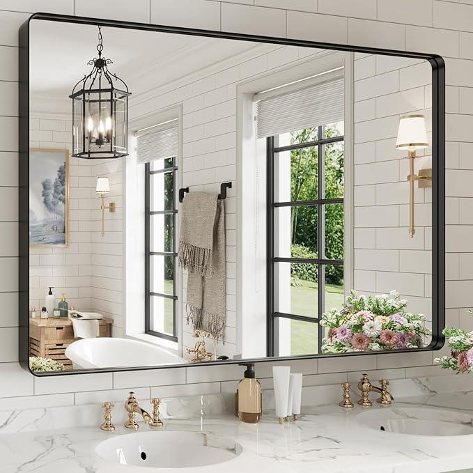WEER Black Bathroom Mirror for Wall, 60X40 Inch Matte Black Mirror, Rectangular Black Metal Framed Vanity Mirror with Tempered Glass, Rounded Corner, Anti-Rust (Horizontal/Vertical) - ModernBath