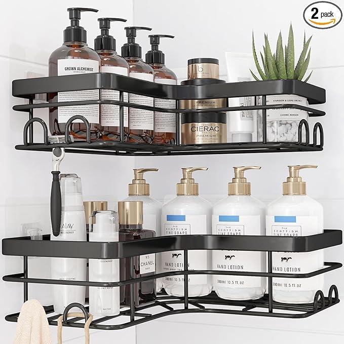 Corner Shower Caddy - 2 Pack, Adhesive Shower Organizers, Rustproof Stainless Steel Shower Shelves with 8 Hooks, No Drilling Bathroom Organizers and Storage Racks, Space-Saving, Black, X-Large - ModernBath