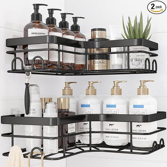 Corner Shower Caddy - 2 Pack, Adhesive Shower Organizers, Rustproof Stainless Steel Shower Shelves with 8 Hooks, No Drilling Bathroom Organizers and Storage Racks, Space-Saving, Black, X-Large - ModernBath