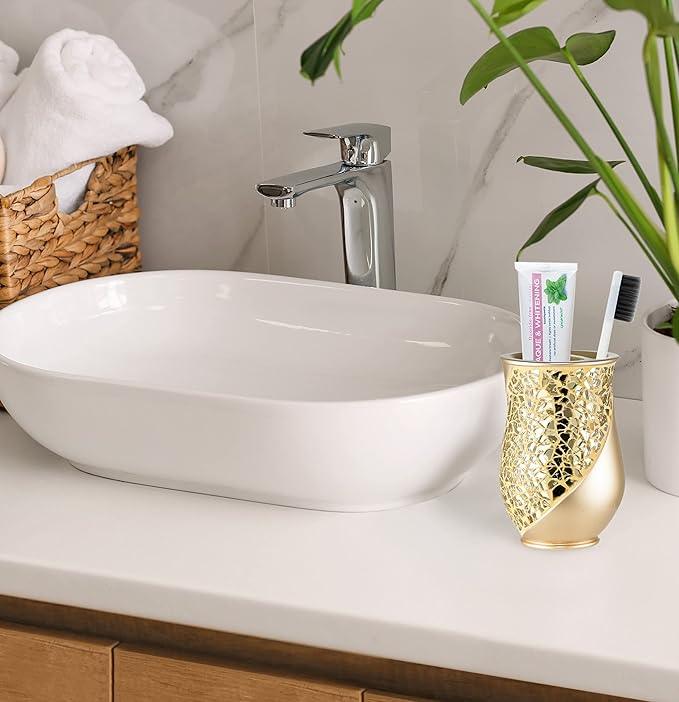 Zahari Home 4pc Sinatra Stylish Bathroom Accessories Set Champagne Gold Soap Dispenser Pump, Tumbler, Tooth Brush Holder and Soap Dish Modern Decor Bling Mosaic Glass Gold Bathroom Accessories - ModernBath