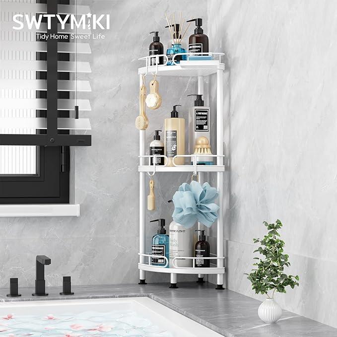 SWTYMIKI Corner Shower Caddy Standing - 3 Tier Stainless Steel Shower Organizer Stand with 4 Hooks & Soap Holder, Rustproof Metal Standing Tall Floor Shower Shelf and Bathroom Organizer, White - ModernBath