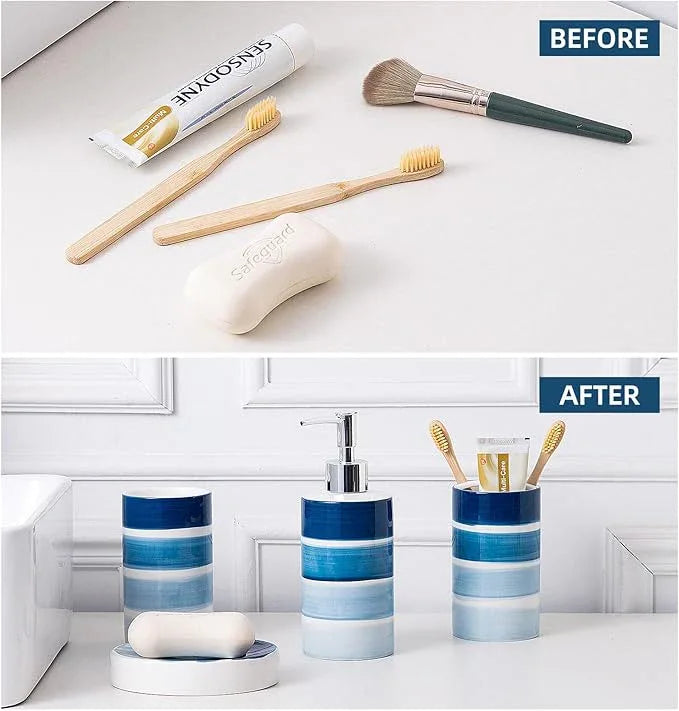 Bathroom Accessories Set, 4-Piece Blue Ceramic Bathroom Decorations Accessories Set, Contain Toothbrush Cup, Soap Dispenser, Soap Dish, Tumbler - ModernBath