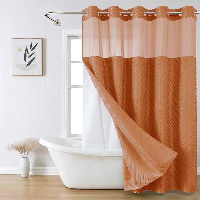 eachope no Hook Shower Curtain and Liner Set，Boho Style with See Through Top Window, BurntOrange Fabric Tufted Striped Textured Outer Curtain & Waterproof Inner Liner, Orange, 71Wx80H - ModernBath