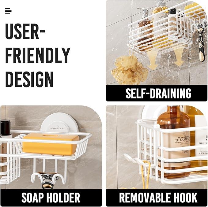 LEVERLOC Shower Caddy Suction Cup, Heavy Duty Bathroom Organizer for Inside Shower with Hooks & Soap holder, NO-Drilling Bathroom Holder-White - ModernBath