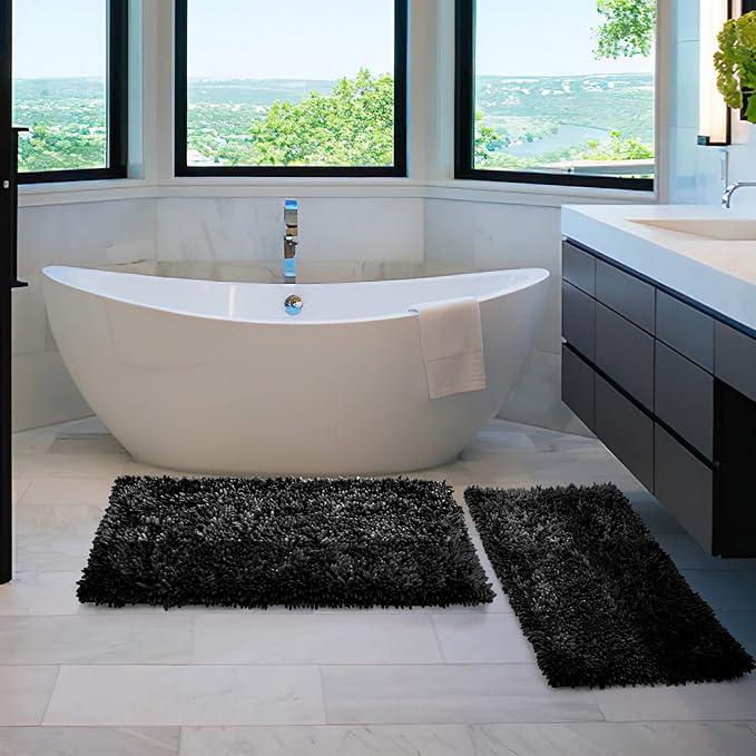 Yimobra Bathroom Rug Set 2 Piece, Luxury Shaggy Bath Mat Set with Non Slip Backing, Ultra Soft & Absorbent Mats for Bathroom Floor, Machine Washable, 44"x24"+24"x17", Black - ModernBath