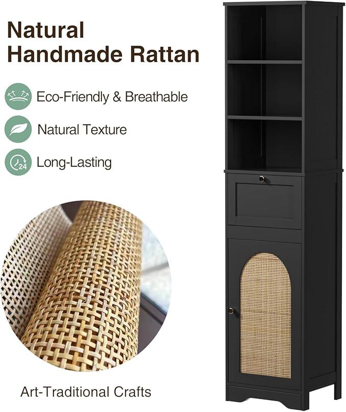 67"H Bathroom Storage Cabinet with Rattan Doors and Slide Storage, Tall Narrow Standing Tower Cabinet with Adjustable Shelves, Small Bathroom Floor Organizer for Entryway, Kitchen, Black - ModernBath
