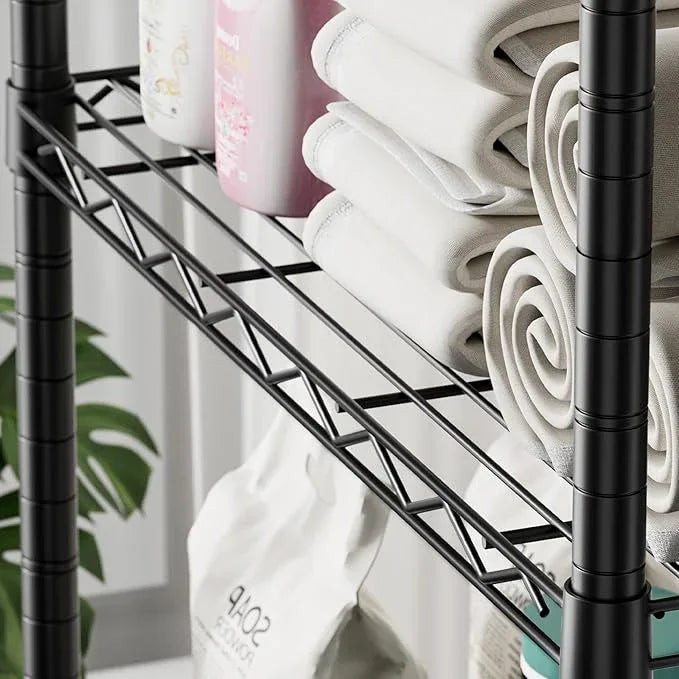 SINGAYE 5 Shelves Storage Shelf Wire Closet Bathroom Organizers Metal Pantry Kitchen Garage Shelving Unit Laundry Room Organization Home Rack Net Basket Black with Wheels - ModernBath