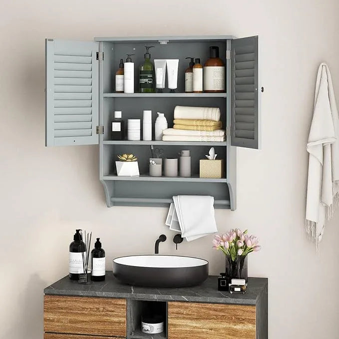 Giantex Medicine Cabinet with 2 Louvered Doors, 3-Position Adjustable Shelf, Towel Bar, Wall Mounted Bathroom Cabinet Above Toilet, Over The Toilet Space Saver (Grey) - ModernBath