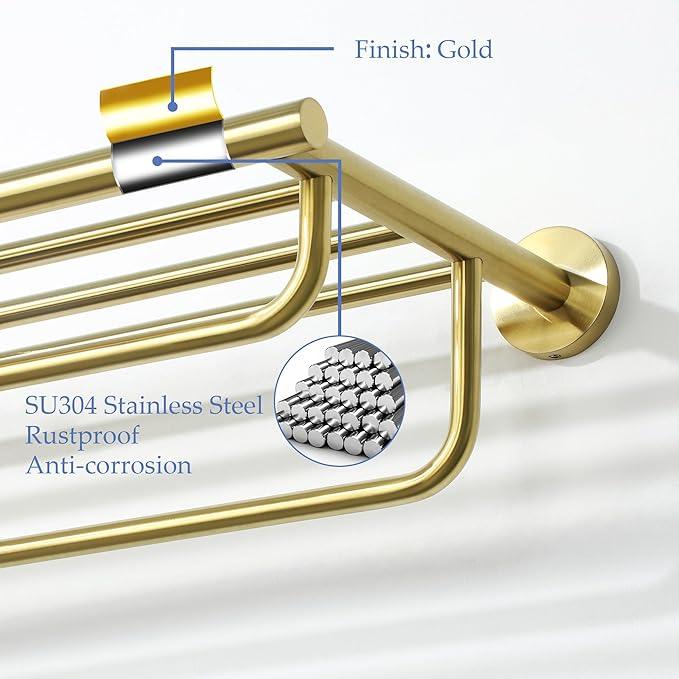 Alise 24 inch Towel Shelf with Double Towel Bars,Towel Rack for Bathroom,SUS 304 Stainless Steel Wall Mount Towel Holder Storage,Brushed Gold,GYT7060-G - ModernBath