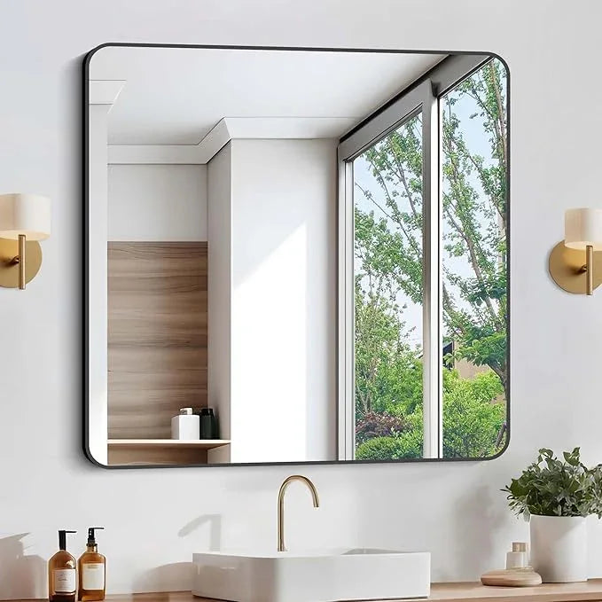 CIVENO Bathroom Mirror, 36"x36" Black Square Wall Mirror, Metal Frame Rounded Corner Vanity Mirror, Large Wall Mounted Mirror for Modern Bedroom Living Room Horizontal Or Vertical Mounting - ModernBath