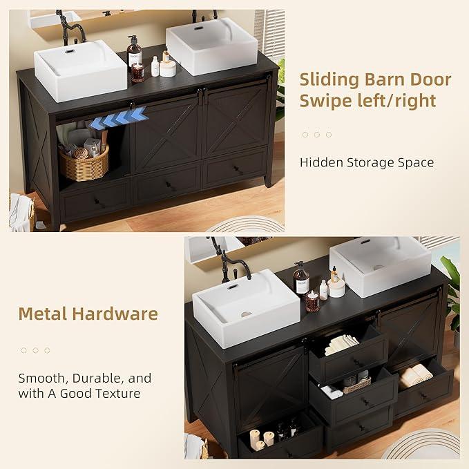 VNN Bathroom Vanity with Sink - 60 Inch Bathroom Vanity Double Sink Ceramic, Freestanding Cabinet with 2 Farmhouse Sliding Barn Doors and 5 Drawers, Space-Saving Storage Cabinet, Black Wood Grain - ModernBath