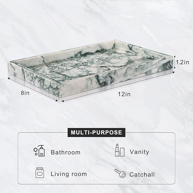 Homaura Marble Bathroom Tray for Countertop & Home Decor, Natural Decorative Marble Tray for Jewelry & Perfume Organizer, Luxury Stone Vanity Trays for Dresser, Kitchen Counter, 12" x 8", Jade Green - ModernBath